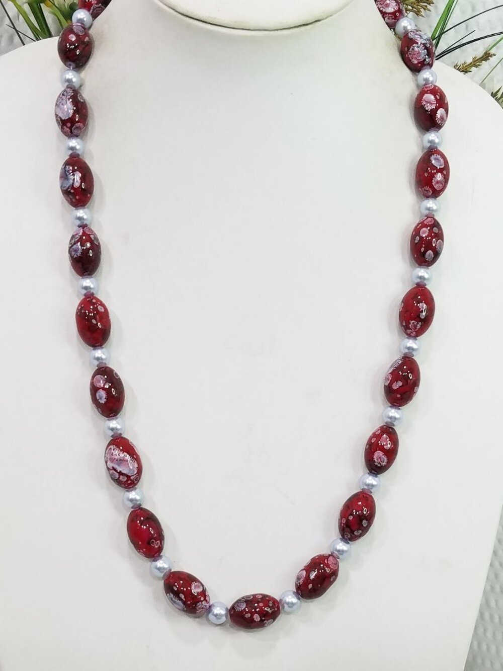 Gray & Red Millefiori Murano Glass Bead & Gray Pearl Bead Continuous Necklace